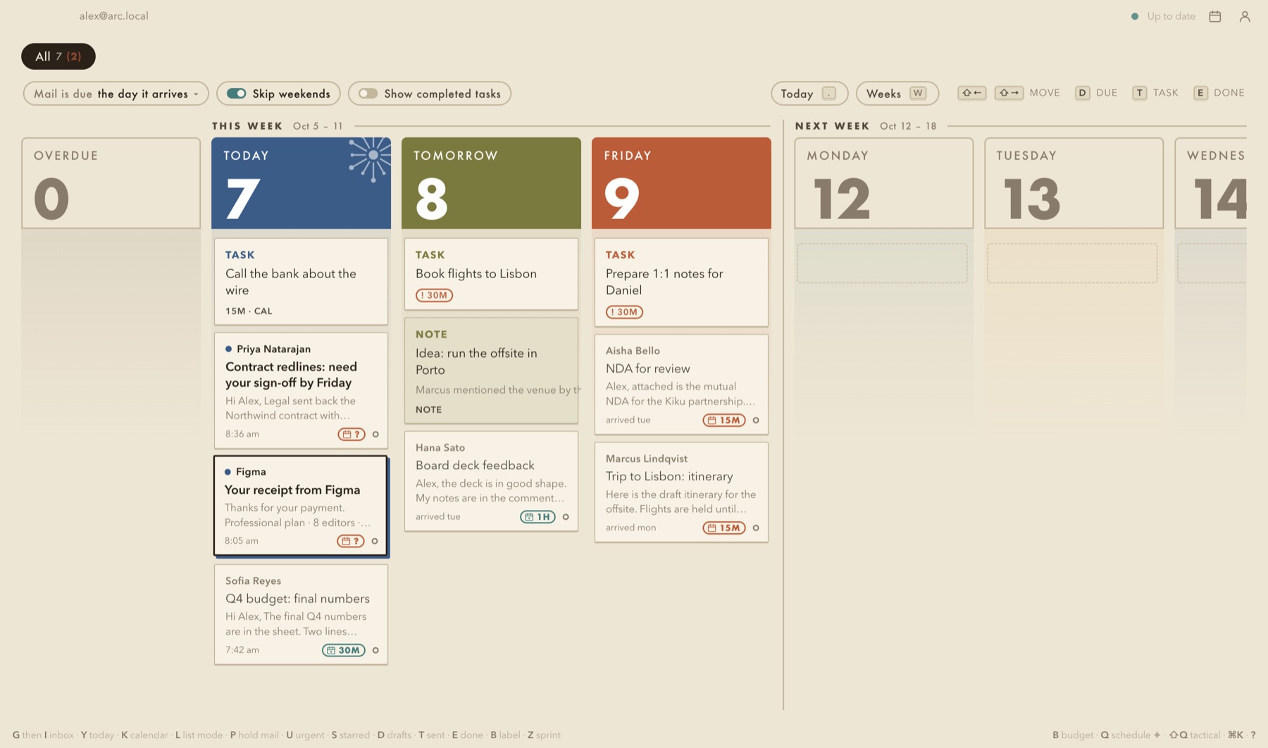 The Blocks board: Today, Tomorrow and Friday as columns, each holding the mail, tasks and notes that belong to that day